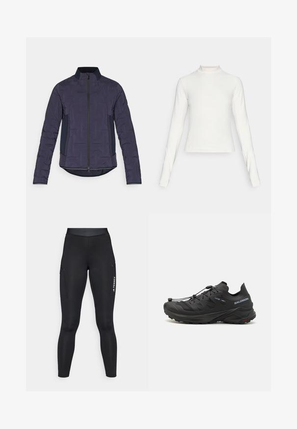 Jūros laivyno pūkų striukė su aukštu apykakle, priekiniu užtrauktuku, tekstūruotomis rankovėmis ir kontrastingomis šoninėmis detalėmis. Lygus audinys su šiek tiek įsiūtu raštu.; Ilgų rankovių baltas sportinis marškinėlis su pusapykakle ir mažuoju centro logotipu ant krūtinės, pateiktas ant vientiso fono.; Juodos sportinės tamprės su prigludusia siluetu, pagamintos iš tampraus audinio. Yra šoninės kišenės ir baltas "TERREX" logotipas.; Juodi bėgimo batai trail su tekstūruota viršutinė dalimi, tinklinėmis dalimis ir saugiai užsegamu sistemu. Turima tvirta pado struktūra, užtikrinanti sukibimą.