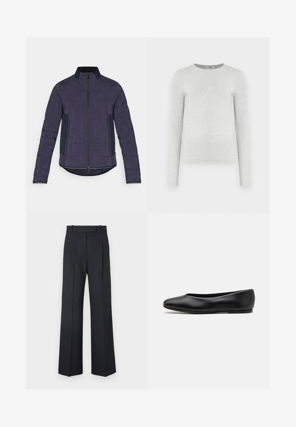 Námořnická puffer bunda s vysokým límcem, předním zipem, texturovanými rukávy a kontrastními bočními panely. Hladká látka s mírně prošívaným vzorem.; Dlouhý rukáv šedý ribovaný pletený top, kulatý výstřih, přiléhavý silueta, hladká textura, bez viditelných log a ozdob.; Tmavě modré kalhoty s pruhy, vysokým pasem, širokým nohavicemi a bez viditelného kování nebo ozdob. Hladká textura a přesně padnoucí střih.; Paul Smith TOPANGA - Klasické baleríny - black