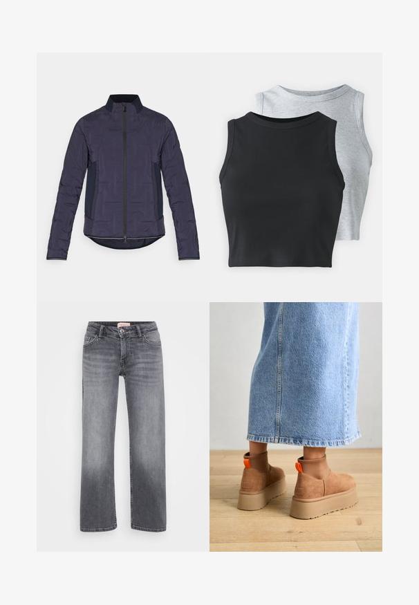 Doudoune marine avec un col haut, fermeture éclair sur le devant, manches texturées et panneaux latéraux contrastants. Tissu lisse avec un motif légèrement matelassé.; Even&Odd Petite 2 PACK - Débardeur - light grey/black; Jean en denim gris avec un design à jambe droite, style cinq poches, décoloration subtile et fermeture à bouton à la taille.; Bottes en suède brun à plateforme avec des panneaux latéraux élastiques et des languettes orange, associées à une jupe en denim clair arrivant au genou sur un sol en bois.