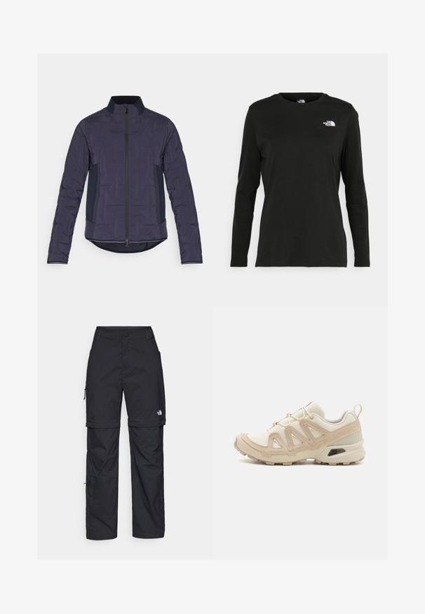 Granatowa kurtka puchowa z wysokim kołnierzem, zapięciem na zamek z przodu, teksturowanymi rękawami oraz kontrastującymi panelami bocznymi. Gładka tkanina z delikatnym pikowaniem.; Czarna koszulka z długim rękawem z bawełny z okrągłym dekoltem. Posiada niewielkie białe logo po lewej stronie na piersi. Prosty design i fason.; Czarne nylonowe spodnie cargo z odpinanymi nogawkami, regulowanymi mankietami, wieloma kieszeniami oraz logo na prawej nogawce. Gładka, lekka tekstura.; Beżowe i kremowe buty sportowe z teksturowanej siateczki, wspierającymi nakładkami oraz gumową podeszwą z wzorem bieżnika zapewniającym przyczepność.