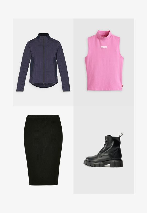 Marineblaue Daunenjacke mit hohem Kragen, Vorderreißverschluss, strukturierten Ärmeln und kontrastierenden Seitenpaneelen. Glattes Material mit leicht gestepptem Muster.; Rosanes ärmelloses Oberteil mit hohem Kragen, aus weichem Baumwollstoff gefertigt. Verfügt über ein kleines weißes Levi's-Logo auf der Brust. Glatte Textur und schlichtes Design.; Schwarzer, gerippter Bleistiftrock mit einem figurbetonten Design. Verfügt über einen hohen Taillenbund und einen strukturierten Stoff, der eine glatte Silhouette bietet.; Schwarze Leder-Stiefeletten mit abgerundetem Zeh, Schnürung mit sechs Metallösen und einer stabilen, strukturierten Gummisohle.