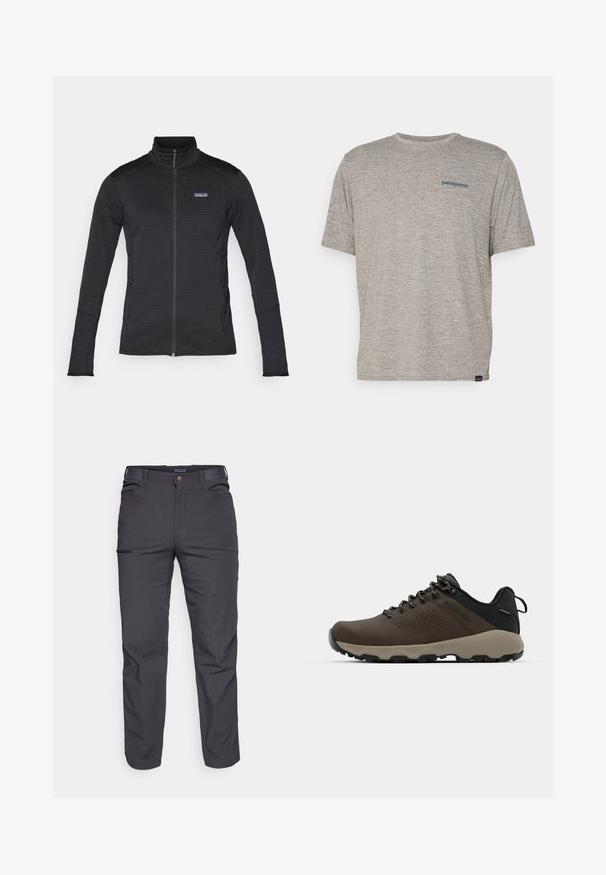 Giacca nera con zip, colletto alto, tessuto strutturato, design aderente e logo Patagonia sulla tasca del petto. Due tasche laterali.; T-shirt grigio a maniche corte realizzato in un morbido tessuto di texture, con un piccolo logo blu di Patagonia sul lato sinistro del petto. Senza ulteriori fantasie.; Pantaloni grigi scuri realizzati in tessuto resistente, dotati di tasca con zip, taglio dritto e passanti per cintura per una vestibilità regolabile.; Sneakers impermeabili marroni con tomaia testurizzata, dettagli perforati, supporto al tallone nero e suola in gomma grigia. I lacci sono decorati con estremità metalliche.