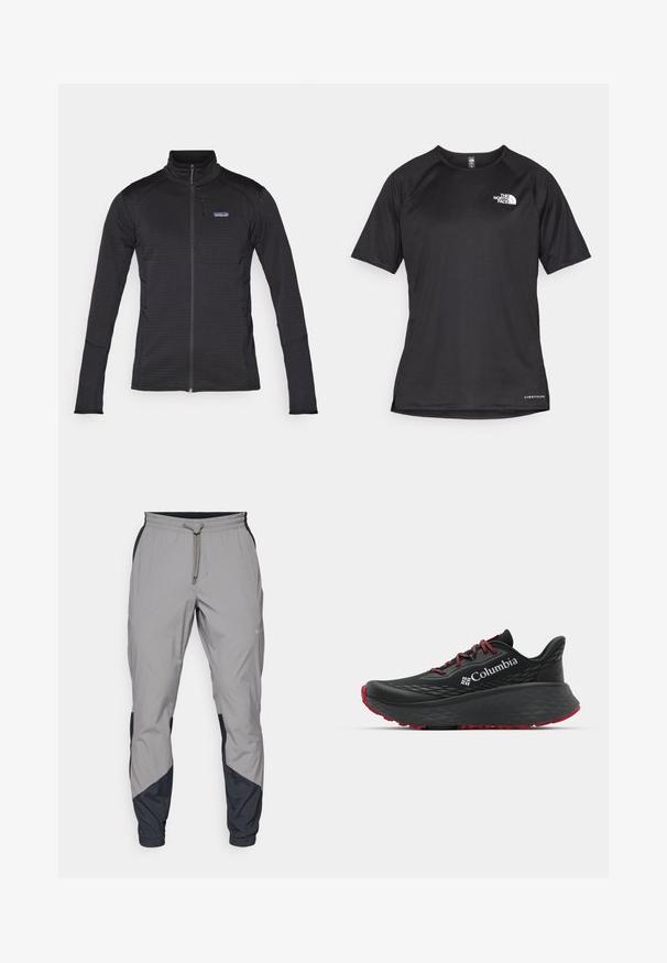 Casaco preto com fecho éclair, colarinho alto, tecido texturizado, desenho ajustado e logotipo da Patagonia no bolso do peito. Dois bolsos laterais.; Camisa atlética preta de manga curta com um tecido texturizado, apresentando um logotipo branco no peito esquerdo e uma bainha reta.; Calças de treino leves e cinzentas com detalhes pretos. Cintura elástica, fecho com cordão, design de perna afunilada e bolsos laterais.; Shoe atlético preto com parte superior texturizada, atacadores vermelhos e logótipo. Sola espessa com padrão para tração. Design minimalista, vista lateral.
