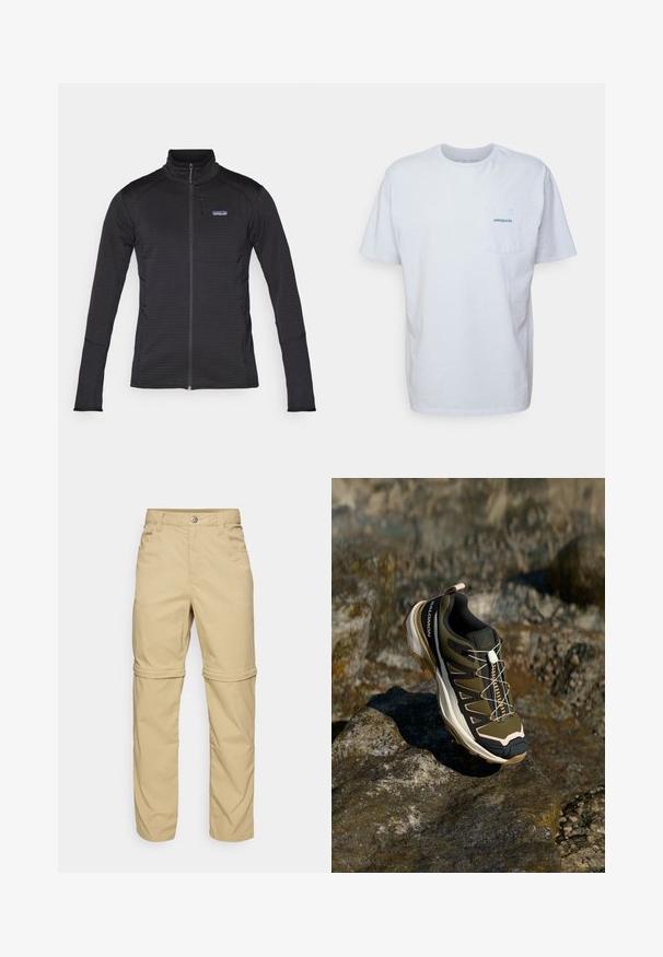 Black zip-up jacket with a high collar, textured fabric, fitted design, and Patagonia logo on the chest pocket. Two side pockets.; White cotton t-shirt with short sleeves, round neck, and a left chest pocket featuring a blue "Patagonia" logo. Classic fit with a smooth texture.; Beige zip-off pants with a smooth texture, featuring two side pockets, a button closure, and roll-up cuffs for versatility.; Hiking shoe in olive green and black with pink accents. Features a textured upper, flexible sole, reinforced toe cap, and colorful lacing system.