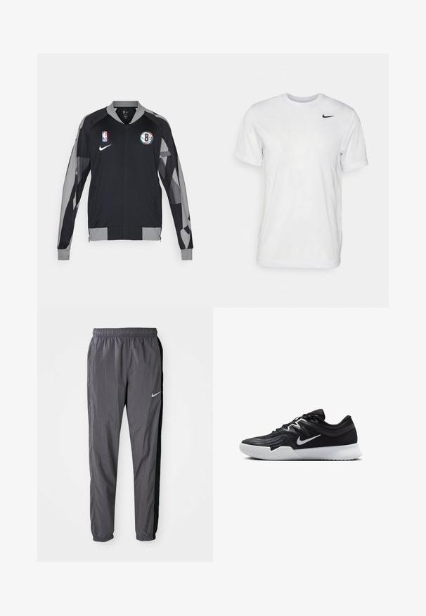 Čierna športová bunda s šedými akcentmi, so zipsom vpredu, logom NBA a emblémom Brooklyn Nets, vyrobená z ľahkej, textúrnej tkaniny.; Biela krátka tričko s krátkymi rukávmi vyrobené z hladkej látky. Má okrúhly výstrih a malé čierne logo Nike na ľavej hrudi.; Nike teplákové nohavice, vyrobené z ľahkého materiálu, v tmavosivej farbe s čiernymi bočnými panelmi. Majú elastický pás a reflexné logo.; Čierna športová topánka s textúrovaným zvrškom, bielym logom Nike a bielou gumovou podrážkou. Má šnurovací dizajn a dynamický tvar.