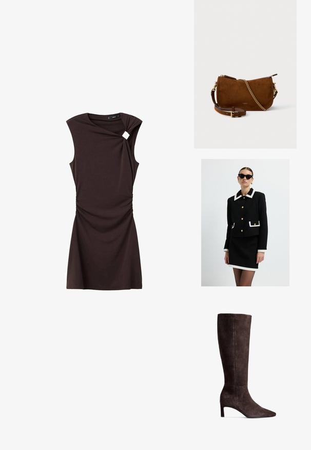 Zwarte jas met witte kraag, gouden knopen en zakaccenten; gecombineerd met een zwarte rok en afgewerkt met zwarte cat-eye zonnebril.; Bruine jurk met korte mouwen, voorzien van een gedraaide design bij de schouder en plooien bij de taille, gemaakt van een gladde, rekbare stof.; Bruine suede kniehoge laars met een puntige neus en een hak van 7,5 cm. Glad textuur, slanke silhuet en minimalistisch ontwerp.; Bruine suede schoudertas met een gestructureerde afwerking, een gouden kettingaccent en een verstelbare leren schouderband. Voorzien van een ritsluiting.