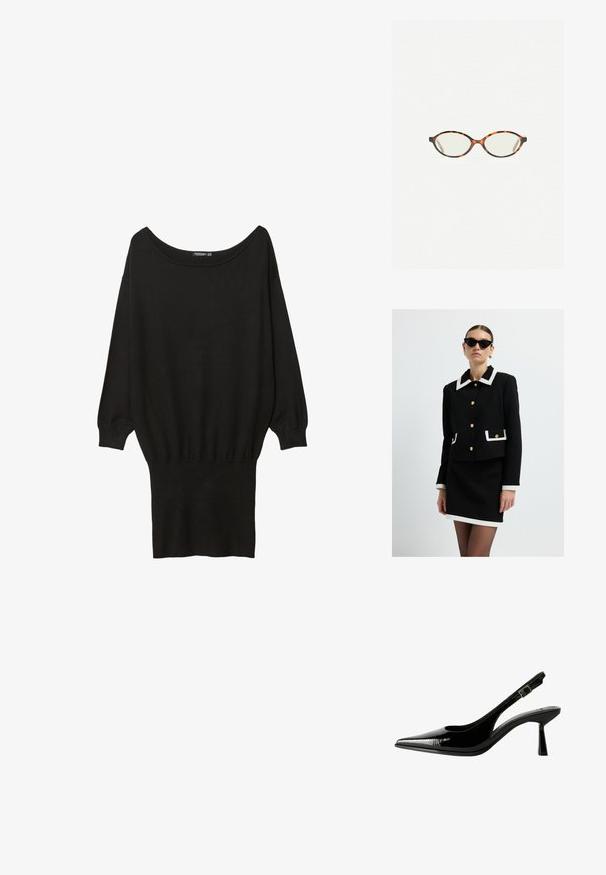 Sort jakke med hvid krave, guldknapper og lommeaccente; parret med en sort nederdel og toppet med sorte katteøje-solbriller.; Sort oversized sweatshirt med bred bådudskæring, lange ærmer, ribkant ved håndleddene og en tætsiddende bundkant, lavet af et blødt, struktureret stof.; Sorte patenterede lædersandaletter med spids tå, udskårne sider, justerbar ankelstrop og en tynd, slank hæl.; Skildpaddebriller med ovale linser og en elegant, glat finish. Har tynde sider med en subtil kurve ved tindingerne. Klare linser.; Rød læder skuldertaske med et buet design, glat tekstur og lynlåslukning. Den har et tyndt håndtag til at bære.