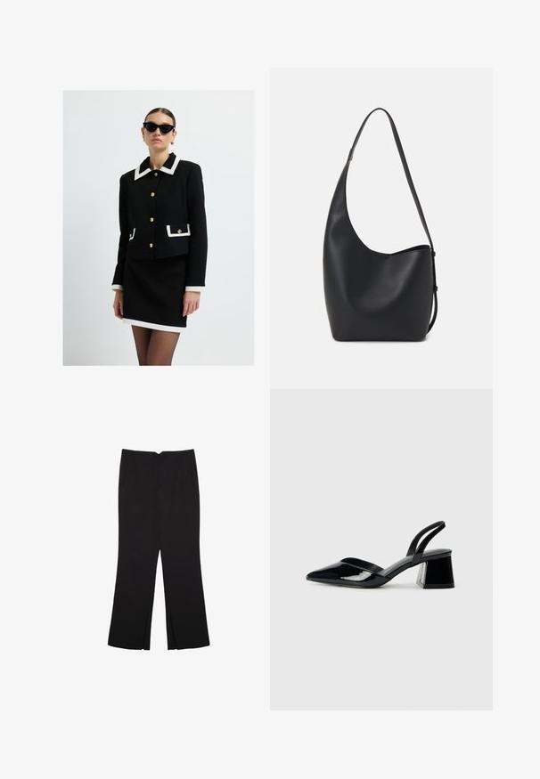 Sort jakke med hvid krave, guldknapper og lommeaccente; parret med en sort nederdel og toppet med sorte katteøje-solbriller.; Sort ærmeløs crop top lavet af glat stof, med rund hals og et rent, enkelt design uden mønstre eller hardware.; Sorte bukser med lige pasform, der har frontlommer og slidser i kanten. Lavet af blødt, glat stof. Velegnet til forskellige anledninger.; Sorte patentlæder slingback hæle med spids tå og en geometrisk blok hæl. Har et elegant, minimalistisk design og en glat tekstur.; Sort læder hobo taske med en glat overflade, buet form og en enkelt justerbar rem; har en bred åbning øverst.