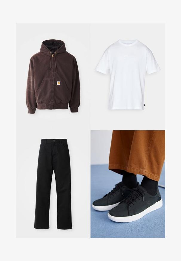 Pruun tõmblukuga kapuutsiga dressipluus, millel on kaks eesmist taskut, soonikkoes mansetid ja ääre. Omab kuldseid paelte otsi ja valget logo kleebist taskul.; Valge puuvillane t-särk lühikeste varrukatega ja ümmarguse kaelusega. Sellega on kaasas väike, tagasihoidlik Nike logo rinnal ja külgmine silt.; Mustadest denimist püksid sirge lõikega, mis sisaldavad ees taskuid, lukufliisi ja ühte ülemist nööpi. Tekstureeritud kangas mati viimistlusega.; Mustad suede spordijalatsid valge kummitaldaga, millel on paeltega kinnitamine, tekstuuriga aktsendid ja tagasihoidlik bränding, koos pruuni pükstega.