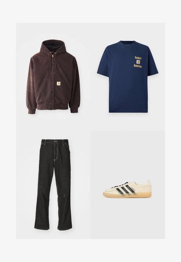 Sudadera con cremallera marrón, con capucha, dos bolsillos frontales, puños y dobladillo acanalados. Cuenta con extremos de cordón dorados y un parche de logo blanco en el bolsillo.; Camiseta de algodón azul marino de manga corta, con texto dorado "Carhartt University" y un parche de logo en el lado izquierdo del pecho.; Jeans de mezclilla negra con un corte holgado, que cuentan con costuras blancas contrastantes, cierre de botón y un diseño de pierna recta.; Zapatillas de deporte de color crema claro con diseño de tres rayas negras, parte superior texturizada, punta redonda y suela de goma. Incluye cordones y logotipo en el lateral.