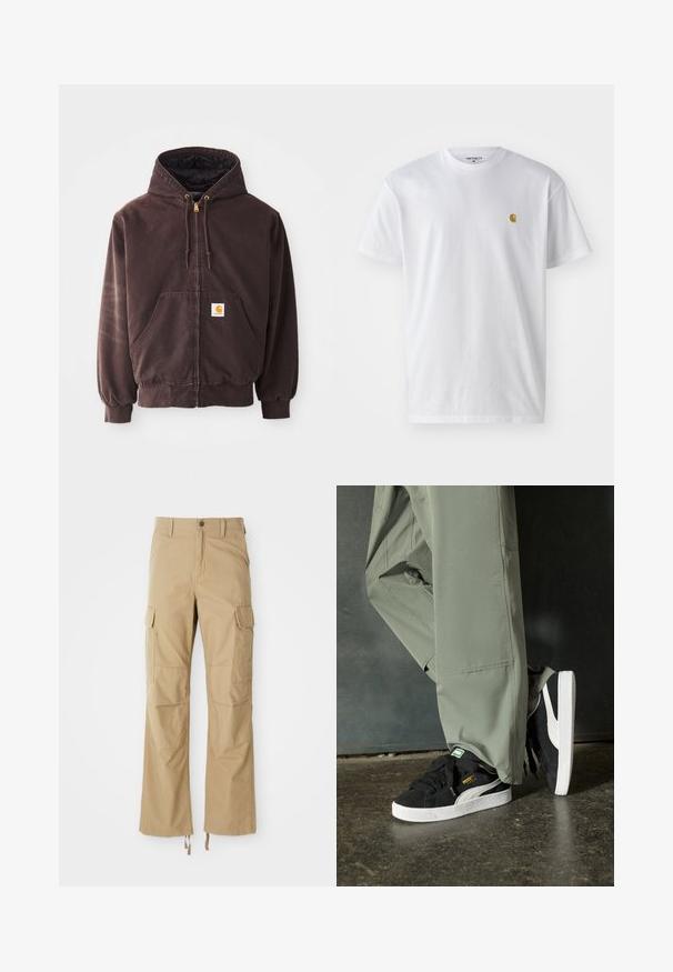 Brown zip-up hoodie with a hood, two front pockets, ribbed cuffs, and hem. Features golden drawstring ends and a white logo patch on the pocket.; White cotton t-shirt with short sleeves, crew neck, featuring a small gold logo on the left chest area. Soft texture and regular fit.; Khaki cargo pants made of durable fabric, featuring multiple side pockets, a straight leg design, and adjustable drawstrings at the hem.; Black suede sneakers with white rubber soles and side stripes, paired with light green cargo pants, standing on a textured dark surface.