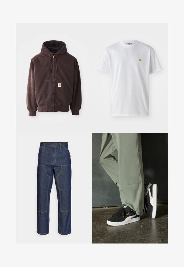 Sweat à capuche zippé marron avec une capuche, deux poches avant, des poignets et un ourlet côtelés. Présente des embouts de cordon dorés et un écusson logo blanc sur la poche.; T-shirt en coton blanc à manches courtes, col rond, avec un petit logo doré sur la poitrine gauche. Texture douce et coupe régulière.; Jeans en denim bleu foncé avec une taille haute, une coupe droite, des coutures contrastantes et des poches appliquées à l'avant.; Baskets en daim noir avec des semelles en caoutchouc blanc et des rayures sur les côtés, associées à un pantalon cargo vert clair, posées sur une surface sombre texturée.