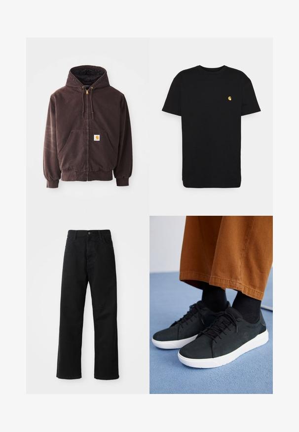 Brown zip-up hoodie with a hood, two front pockets, ribbed cuffs, and hem. Features golden drawstring ends and a white logo patch on the pocket.; Black cotton t-shirt with short sleeves, crew neck, and a small yellow logo on the left chest area. Simple design and regular fit.; Black denim pants with a straight cut, featuring front pockets, a zip fly, and a single top button. Textured fabric with a matte finish.; Black suede sneakers with white rubber soles, featuring lace-up design, textured accents, and subtle branding, paired with brown pants.