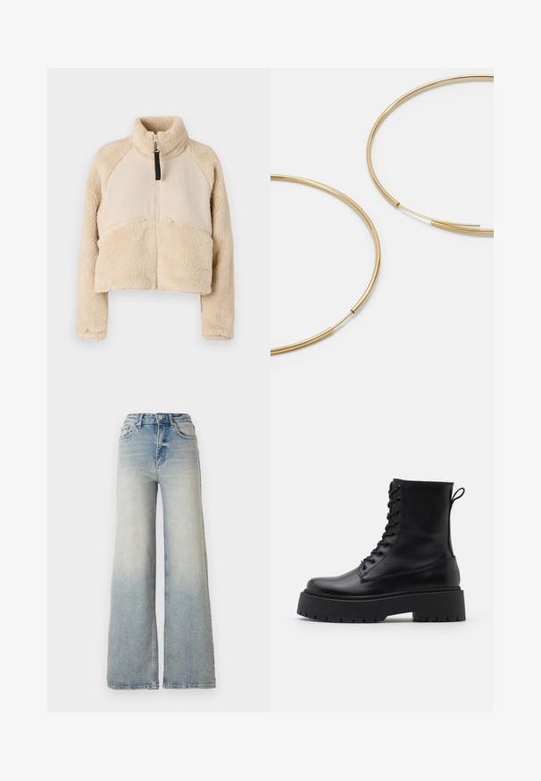 Béžová flísová bunda s vysokým golierom, zipsom a raglánovými rukávmi. Navrhnutá s dvoma prednými vreckami na zips a skráteným strihom.; Vero Moda VMNEWCREAM FUNNELNECK PULLOVER - Svetrík - black/birch; Svetlomodré džínsy s širokými nohavicami vyrobené z denimu, s vysokým pásom, piatimi vreckami a viditeľnými stehmi pozdĺž švov.; Čierne kožené členkové topánky s okrúhlou špičkou, šnurovaním vpredu a hrubou gumovou podrážkou s textúrovaným vzorom. Sťahovací pútko na zadnej strane.; Zlaté kruhové náušnice, tenké a okrúhleho tvaru, s hladkým kovovým povrchom a bez ozdôb alebo vzorov.