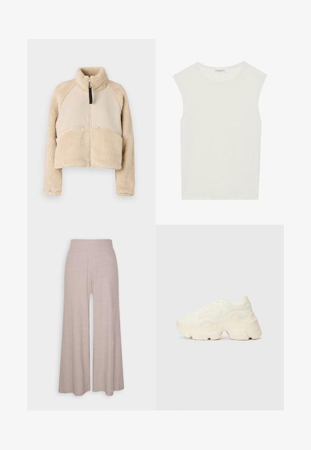 Jachetă din fleece bej, cu guler înalt, închidere cu fermoar și mâneci raglan. Proiectată cu două buzunare frontale cu fermoar și o siluetă scurtă.; Top alb fără mâneci, cu decolteu rotund. Fabricat dintr-un material neted, prezintă o croială lejeră și un design minimalist. Fără modele sau accente.; Pantaloni largi de culoare gri deschis, dintr-un material moale, cu textură în rilief, având un talie înaltă și picioare lungi, cu o textură subtilă.; Tenisi albi voluminoși, fabricați din plasă texturată și materiale sintetice, cu o talpă groasă și detalii de model intricate pe laturi.