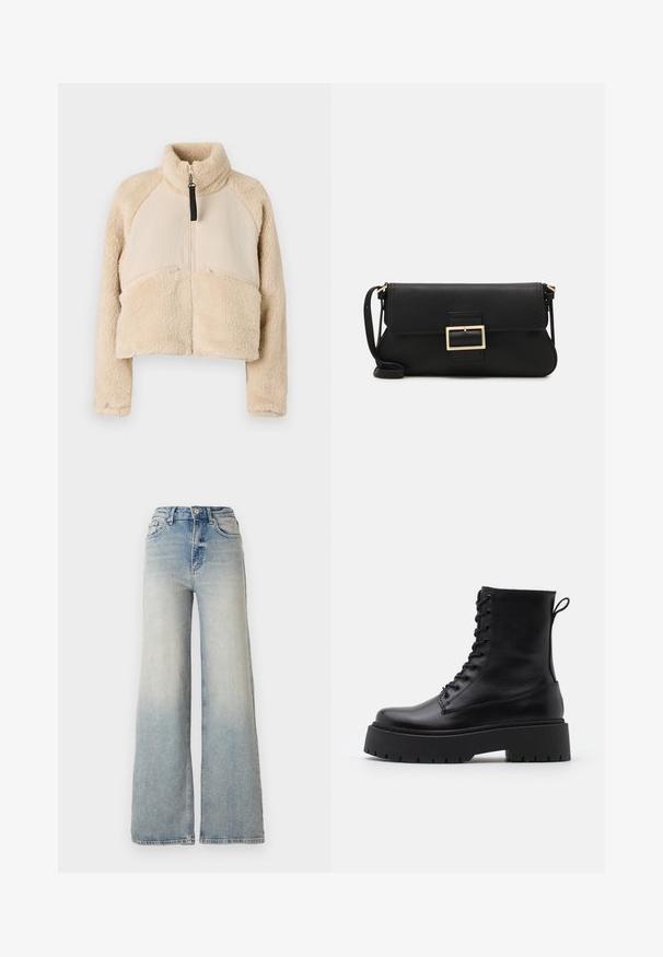 Beige Fleecejacke mit hohem Kragen, Reißverschluss und Raglanärmeln. Ausgestattet mit zwei Reißverschlusstaschen auf der Vorderseite und einer verkürzten Silhouette.; Schwarzes Langarmtop aus glattem Stoff, mit einem runden Halsausschnitt und Raffung an den Schultern und Bündchen.; Hellblaue weit geschnittene Jeans aus Denim, mit hoher Taille, fünf Taschen und sichtbaren Nähten entlang der Säume.; Schwarze Lederstiefeletten mit runder Zehenpartie, Schnürung vorne und einer dicken Gummisohle mit strukturiertem Profil. Mit Zugschlaufe an der Rückseite.; Schwarze Leder-Clutch mit Klappe und goldfarbenem Metallschnallen-Detail. Enthält einen schwarzen Riemen und ein schlankes, minimalistisches Design.; Goldfarbene Ohrringe in Form von dünnen, runden Kreolen, mit einer glatten, metallischen Oberfläche und ohne Verzierungen oder Muster.