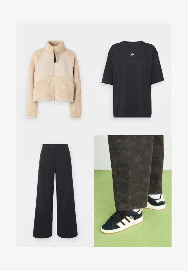 Beige fleecetrøye med høy krage, glidelås og raglanermer. Designet med to frontlommer med glidelås og en cropped silhuett.; Svart bomull T-skjorte med korte ermer, rund halslinje, med en hvit Adidas-logo på brystet. Enkel design, avslappet passform.; Svart bukse med vid benvidde laget av myk stoff, med elastisk midjebånd og en liten logo på venstre side.; Sorte og mønstrede bukser kombinert med marineblå suedesko med kremfargede striper og hvite såler. Overflatene som vises er teksturerte og flate.