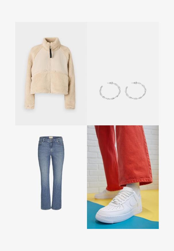 Bež jakna iz flisa z visokim ovratnikom, zadrgo in raglan rokavi. Oblikovana z dvema sprednjima žepoma z zadrgo in skrajšano silhueto.; Bela brezrokavna majica iz rebraste tkanine, z zaobljenim izrezom in prilegajočim silhueto, z minimalnimi šivi in brez okraskov.; Mid-modri spešni traper hlače ravnih nogavic s sprednjim gumbom in zadrgo, z pasom in sprednjimi ter zadnjimi žepi.; Beli usnjeni športni čevlji s perforiranim prstnim delom, teksturiranim podplatom in belimi vezalkami, v kombinaciji s širokimi rdečimi hlačami in modro-rumeno ozadje.; Srebrni uhani v obliki obročka s spiralnim dizajnom, ki imajo sijajno površino in zapiralo na zadnji strani. Mere znašajo približno 3 cm v premeru.