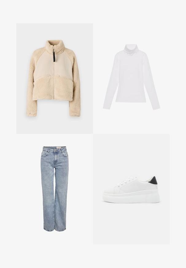 Bež jakna iz flisa z visokim ovratnikom, zadrgo in raglan rokavi. Oblikovana z dvema sprednjima žepoma z zadrgo in skrajšano silhueto.; Bela dolga majica s turtleneck ovratnikom, izdelana iz gladke, raztegljive tkanine. Ima visok ovratnik in prilega telesu, brez vidnih vzorcev ali okrasitev.; Svjetloplave široke traperice od denima, sa visokim strukom, dizajnom s pet džepova i suptilnim blijeđenjem za izgled nakon nošenja.; Bele platform tenisice izdelane iz gladkega sintetičnega materiala, z zaobljenim prstom, sistemom vezalk in teksturiranim gumijastim podplatom. Črn dodatek na peti.