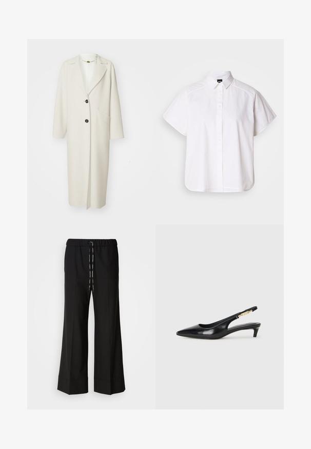 Marc Cain Manteau classique - bright ecru; Chemise blanche à manches courtes, à boutons, avec un col pointu et un ourlet arrondi. Fabriquée en coton, elle possède une texture lisse et sans motifs visibles.; Pantalons larges noirs avec une taille élastique et un cordon noir. Fabriqués à partir d'un tissu lisse sans motifs ni éléments métalliques visibles.; Talons hauts en cuir noir avec un bout pointu, dotés d'un talon fin et d'un accent en ton or sur la lanière réglable. Texture lisse.
