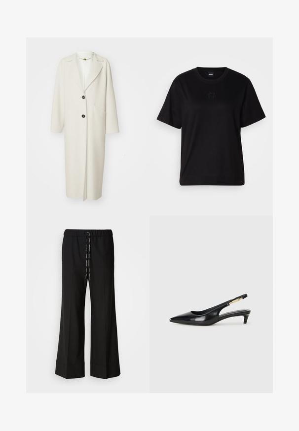 Marc Cain Palton clasic - bright ecru; T-shirt negru din bumbac, cu guler rotund, mâneci scurte și un logo brodat pe piept. Design simplu, cu o croială relaxată și fără modele.; Pantaloni negri, cu croi larg, cu talie elastică și șnur negru. Realizați dintr-un material neted, fără modele sau accesorii vizibile.; Sandale slingback din piele neagră cu vârf ascuțit, având un toc subțire și un accent de culoare aurie pe curea ajustabilă. Textură netedă.