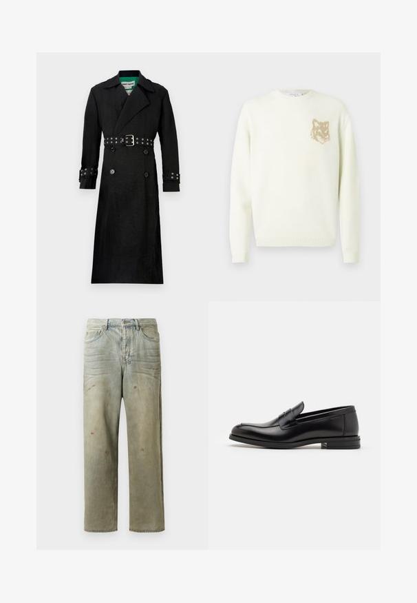 Černý trenčkot s texturovaným povrchem, dvouřadovým zapínáním, širokými klopami a páskem v pase se stříbrnými kroužky na rukávech.; Krémový svetr s kulatým výstřihem a dlouhými rukávy, s malou béžovou grafikou hlavy lišky na levé straně hrudníku, s žebrovanými manžetami a spodním lemem.; Odstřižené džíny v světle zelené barvě, se rovnými nohavicemi, pěti kapsami a nerovnoměrným vyblednutím s barevnými skvrnami.; Černé kožené polobotky s hladkou texturou, zaoblenou špičkou a zdobným páskem přes nárt. Nízký stohovaný podpatek, minimalistický design.