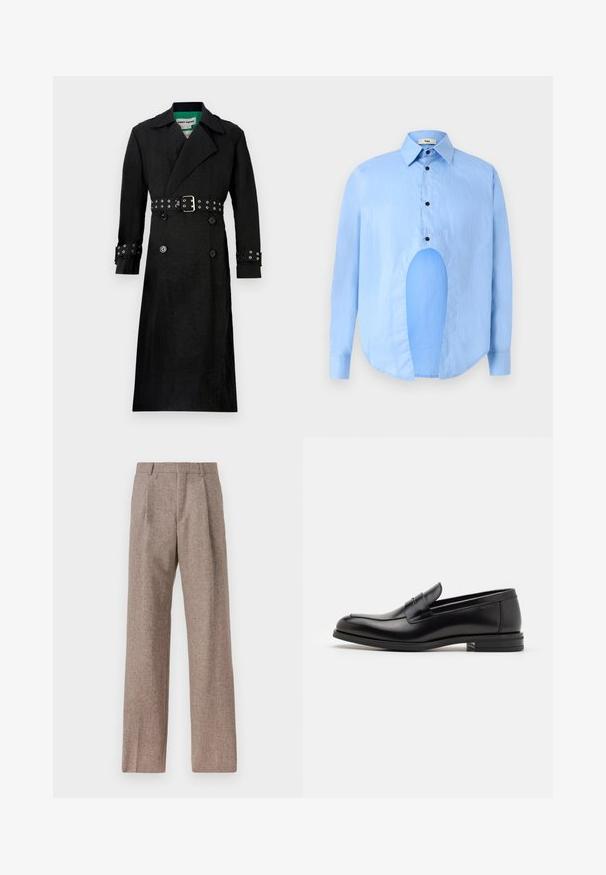 Černý trenčkot s texturovaným povrchem, dvouřadovým zapínáním, širokými klopami a páskem v pase se stříbrnými kroužky na rukávech.; Světle modrá košile s dlouhými rukávy, špičatým límcem, černými knoflíky a unikátním výřezem vpředu pro výjimečný design.; Hnědé kalhoty s vysokým pasem vyrobené z texturované látky. Mají široké nohavice a dva přední sklady pro strukturu. Úhledné provedení bez viditelné kovových částí.; Černé kožené polobotky s hladkou texturou, zaoblenou špičkou a zdobným páskem přes nárt. Nízký stohovaný podpatek, minimalistický design.