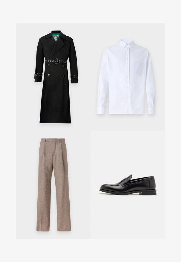 Melna trenčjota ar teksturētu apdari, divjaku priekšpusi, plašiem uzklājiem un jostu vidukļa daļā, kurā ir sudraba acs uz piedurknēm.; Balts garo piedurknēm krekliņš ar pogām, izgatavots no kokvilnas, ar krūšu kabatu ar tonālu izšuvumu, apkakli un pogām pie piedurknēm.; Brūni, augstos šortos izgatavoti no teksturēta auduma. Iezīmē plašas kājas un divas priekšējās krokas, kas nodrošina struktūru. Kārtīga apdare bez redzamām detaļām.; Melnas ādas kurpes ar gludu tekstūru, noapaļu purngalu un dekoratīvu siksniņu pāri priekšpusei. Zems sakrauts papēdis, minimālisma dizains.