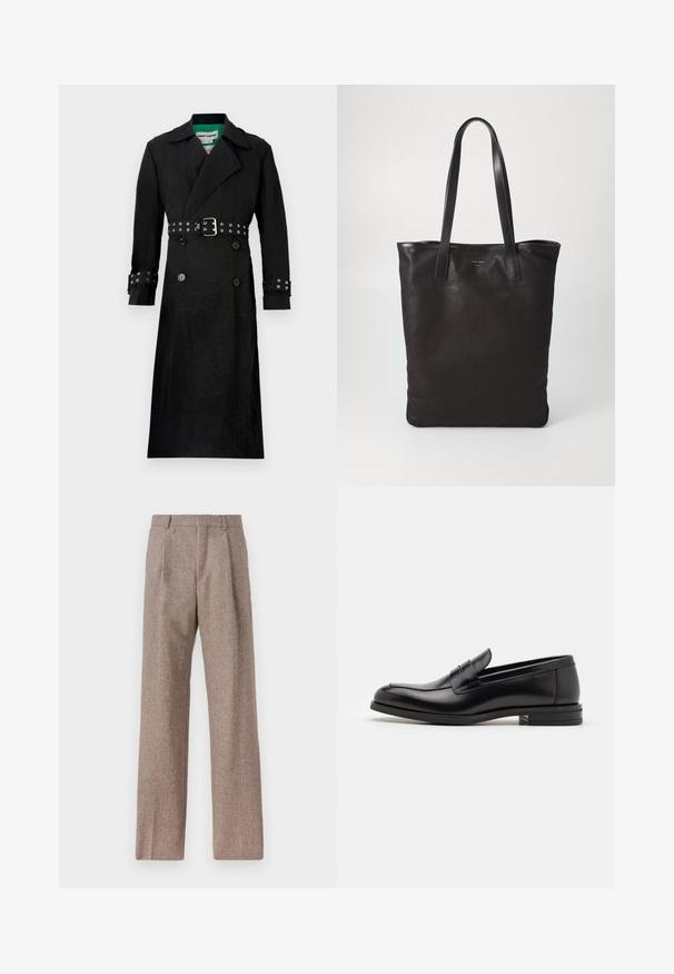 Fekete trench kabát strukturált felülettel, dupla gombolású elülső résszel, széles reverekkel és övvel a deréknál, amely ezüst szegecsekkel díszített a mandzsettákon.; Fehér, hosszú ujjú, gombos ing pamutból, mellzsebbel, tónusos hímzéssel, gallérral és gombos mandzsettával.; Barna, magas derekú nadrág texturált anyagból. Széles szárai és két elülső redője biztosítja a struktúrát. Ízléses kivitel, látható fémszerelés nélkül.; Fekete bőr loaferek sima textúrával, kerek orral és dekoratív pánttal a vampnál. Alacsony, rétegelt sarkú, minimalista dizájn.; Fekete vászontáska fekete bőr füllel. Egyszerű dizájn, tágas test és sima textúra. Nincsenek látható logók vagy minták.