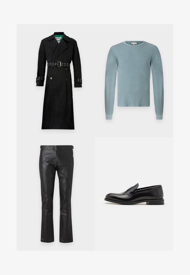 Must mustriga jope, millel on struktureeritud viimistlus, topelt nööpidega esiosa, laiad kraed ja vöödiga talje, millel on hõbedased augud mansetitel.; Helesinise sinine pika varrukaga särk, millel on ribakujundus ja ümmargune kaelus. Omab kinnitatud mansette ja lihtsat brändi silt kaeluses.; Mustad nahast püksid sirge lõikega, varustatud lukuga taskute, põlveteipide ja reguleeritava talje detailidega. Sile tekstuur.; Mustad mustad nahast loafers sileda tekstuuriga, ümarat ninaosa ja dekoratiivne riba vampi üle. Madal kihiline konts, minimalistlik disain.