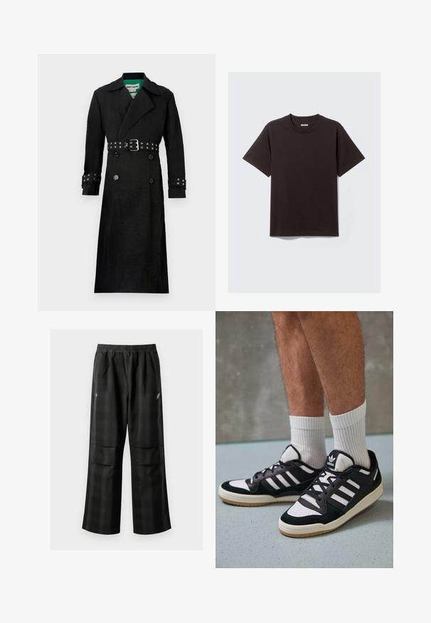 Černý trenčkot s texturovaným povrchem, dvouřadovým zapínáním, širokými klopami a páskem v pase se stříbrnými kroužky na rukávech.; Jednoduché černé tričko s krátkým rukávem z bavlny, s kulatým výstřihem a malou cedulkou "WEEKDAY" na vnitřní straně zadního límce.; Černé kostkované kalhoty s elastickým pasem, dvěma předními kapsami a volným střihem se rovnými nohavicemi. Vyrobeny z lehkého materiálu.; Černobílé tenisky s vrchní částí z semišové a kožené kůže, včetně tří bílých pruhů, perforovaného špičky a podrážky z gumy.
