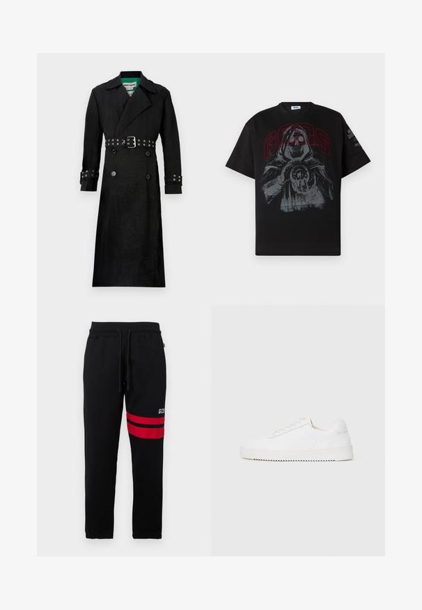 Palton negru din material texturat, cu un croi dublu, largi reveruri și talie împodobită cu un cordon, având grommets argintii pe manșete.; Tricou negru din bumbac, cu un imprimeu grafic mare al unei figuri cu glugă care ține o minge cu "GCDS" în roșu, cu mâneci scurte și guler rotund.; Pantaloni de trening negri cu dungi roșii contrastante și logo pe lateral. Au un talie elastică cu șnur și mansete cu strângere la gambă.; Adidași albi cu un superior din piele fină, vârf rotunjit, șireturi, accente laterale texturate și o talpă groasă din cauciuc. Design minimalist.