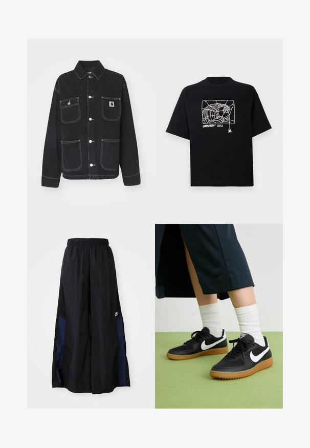 Svart denimjakke med krage, to brystlommer og to nedre lommer. Har hvite sømmer og sølvfargede trykknapper.; Svart T-skjorte laget av bomull med korte ermer. Har et hvitt edderkoppnett grafikk og logo på fronten. Enkel rund hals.; Svarte vide bukser laget av lett stoff, med et marineblått sidestykke og elastisk midjebånd. Liten hvit logo nederst.; Sorte lær- og syntetiske joggesko med hvit Nike swoosh, gummisåle, rund tå og sorte lisser. Ribbet hvite sokker synlige.
