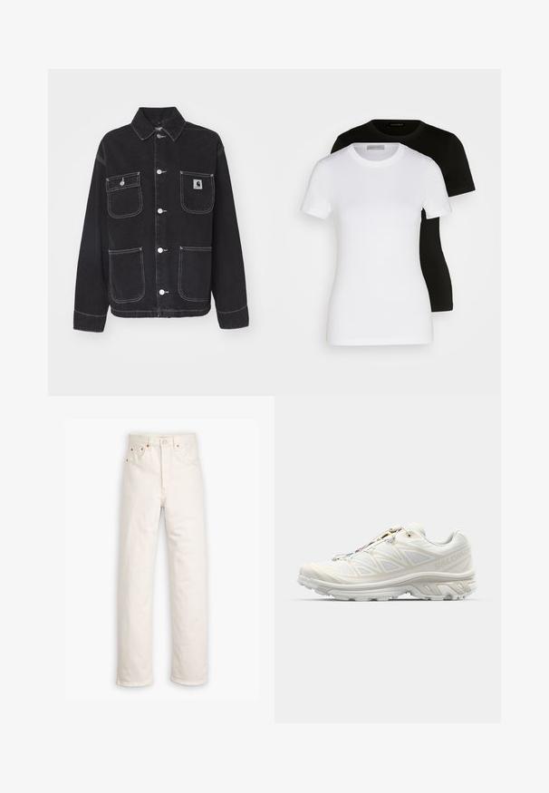 Černá džínová bunda s límcem, dvěma náprsními kapsami a dvěma dolními kapsami. Obsahuje bílý prošívání a stříbrné patentky.; Dvé trička s krátkým rukávem v černé a bílé barvě. Vyrobena z hladké bavlny, mají klasický kulatý výstřih a standardní střih.; Bílé džíny z denimu se střihovým designem rovné nohy, styl pěti kapes a měděné detaily. Konec nohavic se surovým lemem.; Bílé běžecké boty s prodyšným síťovým svrškem, texturovanými detaily a polstrovanou podrážkou. Obsahují rychlou šněrovací systém pro snadné obutí.