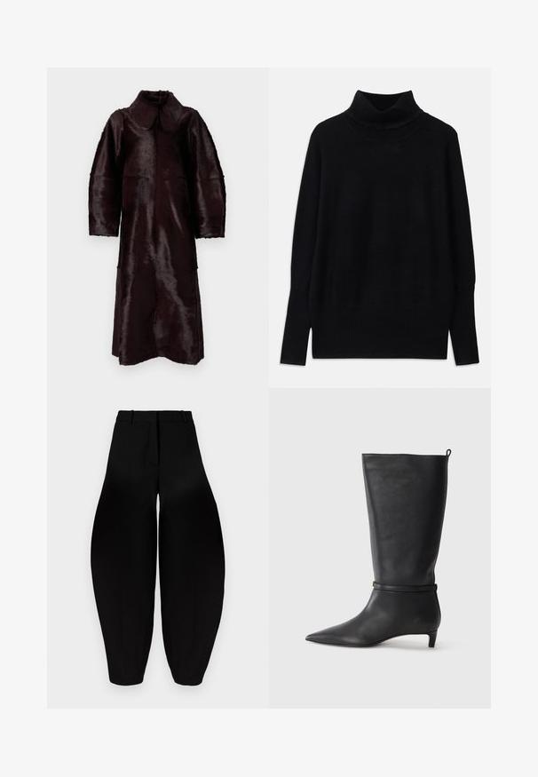Tamsiai ruda ilga dirbtinio kailio paltas su plačiais atlapais ir ilgomis rankovėmis, pakabintas baltame fone.; Juodas golfo megztinis, pagamintas iš minkštos medžiagos, su raštuotomis detalėmis apykaklėje ir rankogaliuose, laisvai prigludęs ir su šoninėmis įpjovomis.; Juodos platesnės kelnes su aukštu liemeniu, raukšlėtu priekiu ir siaurėjančiais kulkšniais. Pagamintos iš lygios medžiagos su matinėmis savybėmis.; Juodas odinis iki kelių botas su smailiu batu, akcentuotas apvaliu diržu aplink kulkšnį ir žemu, siaurėjančiu kulnu. Lygi tekstūra.