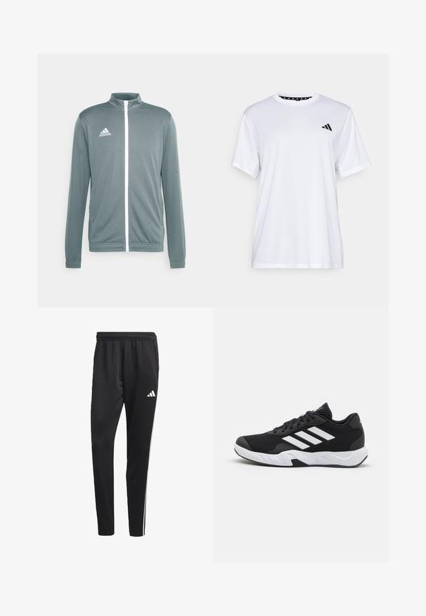 Szara sportowa kurtka z wysokim kołnierzem, białym zamkiem błyskawicznym i białym logo Adidas na górnej lewej stronie. Długie rękawy z elastycznymi mankietami.; Biała koszulka sportowa z krótkim rękawem, wykonana z materiału odprowadzającego wilgoć. Posiada czarne logo na lewej piersi oraz wzorzystą podszewkę kołnierza.; Czarne spodenki sportowe z elastycznym pasem, białymi paskami po bokach i małym białym logo na udzie. Wykonane z gładkiego, lekkiego materiału.; Czarne buty sportowe z teksturowaną siateczką u góry, białymi paskami akcentującymi, amortyzującą podeszwą i wzmocnionym piętą dla wsparcia.