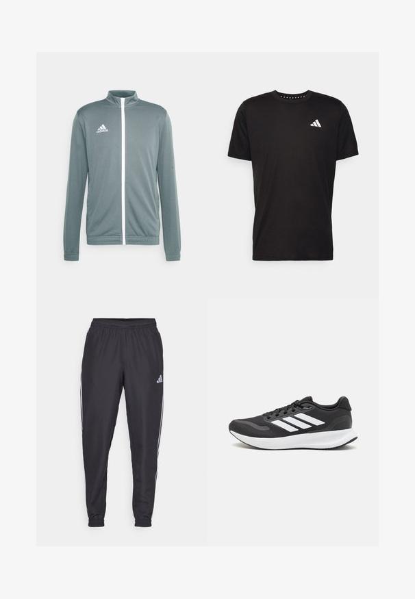 Chaqueta atlética gris con un cuello alto, cremallera blanca y logotipo blanco de Adidas en la parte superior izquierda. Mangas largas con puños elásticos.; Camiseta de algodón negra con mangas cortas, cuello redondo y un logo blanco en el lado izquierdo del pecho. Textura suave y diseño sencillo.; Pantalones deportivos negros con cinturilla elástica, que presentan franjas blancas a lo largo de los lados y un pequeño logo en la cadera. Textura suave.; Zapatilla deportiva negra con parte superior de malla transpirable, acentos en blanco y una suela acolchada. Presenta el logo de tres rayas en el costado.