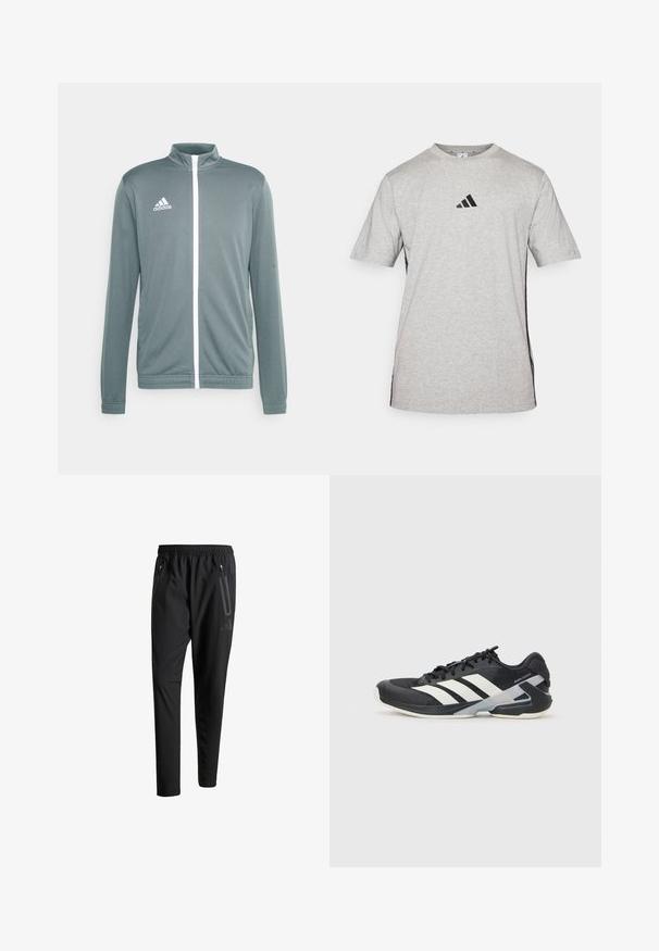 Casaco desportivo cinza com colarinho alto, fecho éclair branco e logotipo da Adidas branco no canto superior esquerdo. Mangas longas com punhos elásticos.; T-shirt cinza de manga curta, feito de algodão, com o logo preto da Adidas no peito e detalhes pretos nas laterais. Design com gola redonda.; Calças de treino pretas com uma cintura elástica, dois bolsos laterais com fecho, pernas ajustadas e um discreto detalhe de logotipo no quadril.; Sapata atlética preta com riscas brancas, parte superior em malha, biqueira arredondada e sola acolchoada. Apresenta um calcanhar texturizado e um sistema de atacadores seguro.