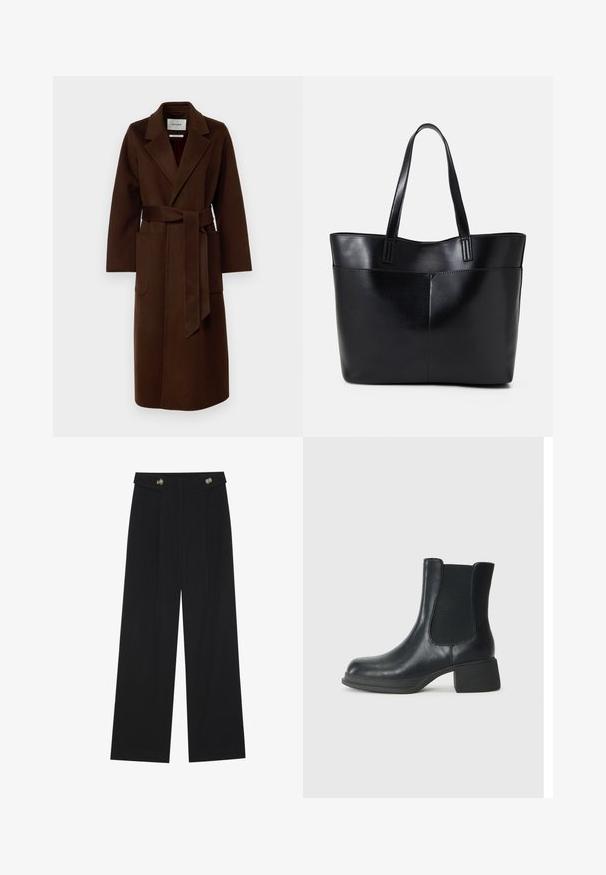 IVY OAK CELIA - Mantel - chocolate; Zwarte langemouwen top met uitlopende manchetten, een zachte textuur en een relaxed fit, met een eenvoudige ronde halslijn.; Zwarte wijde broek met hoge taille, knoopdetails op de tailleband en plooien aan de voorkant.; Zwarte leren enkelboot met elastische zijpanelen, ronde neus en een lage blokhak. Het oppervlak heeft een gladde textuur en minimale details.; Zwarte leren tote bag met twee lange handvatten, een zachte textuur en een gestructureerde vorm. Voorzien van een voorvak voor extra opslagruimte.
