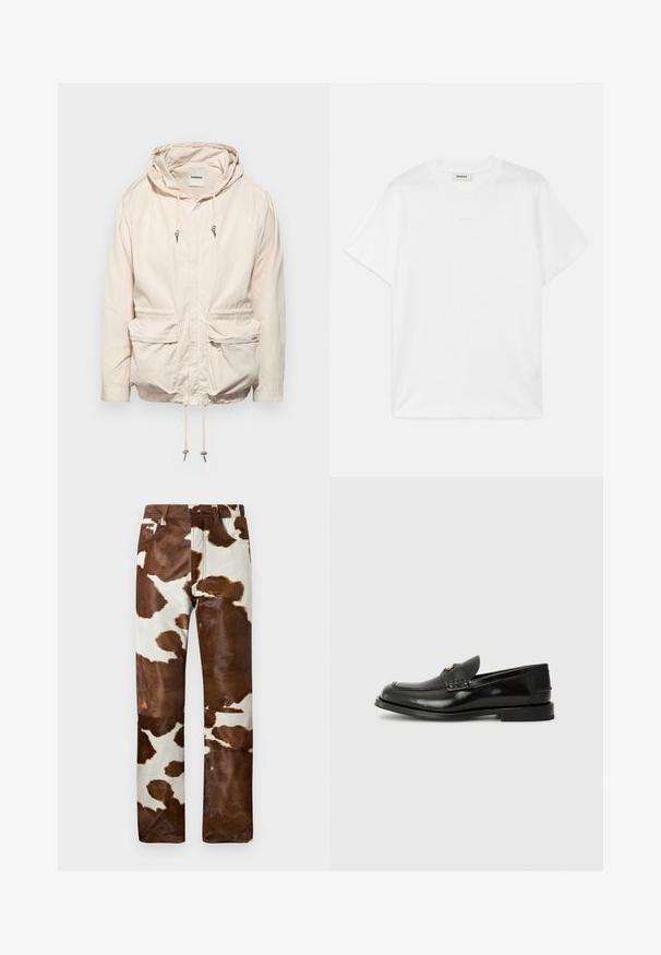 Šviesiai smėlinės spalvos striukė su kapišonu ir raišteliais, dviem priekinėm kišenėm, ilgomis rankovėm ir užtrauktuku. Lygus audinio tekstūros paviršius.; Balta medvilninė marškinėlių su apvaliu kaklu, trumpomis rankovėmis ir subtiliu logotipu, spausdintu priekyje. Lygus paviršius ir paprastas dizainas.; Karvėti raštuoti džinsai, derinant rudas ir béžines spalvas. Funkcionalus laisvas siluetas, tvirtas džinsinis audinys ir klasikinis penkių kišenių dizainas.; Juodų odinių loaferių su apvaliu priekiniu įdubu, dekoratyviniu siuvinėjimu ir maža priekinė anga. Plokščias gumos padas su minimaliu kulnu.