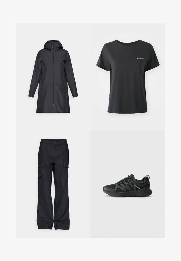 Zwarte waterdichte jas met een capuchon, volledige rits aan de voorkant, lange mouwen en een minimalistisch ontwerp. Gladde textuur, onopgesmukt oppervlak.; Zwarte katoenen t-shirt met korte mouwen, ronde halslijn en een klein wit Columbia Sportswear-logo op de linkerkant van de borst.; Columbia BREA FALLS™ COTTON RIPSTOP PANT - Outdoorbroeken - black; Columbia PEAKFREAK - Outdoorschoenen - black