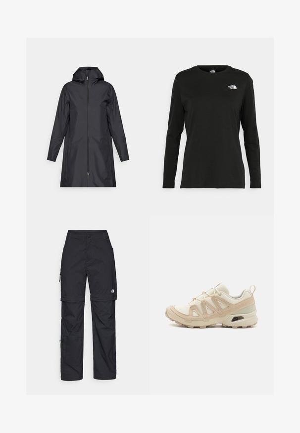 Cappotto impermeabile nero con cappuccio, zip frontale completa, maniche lunghe e design minimalista. Tessuto liscio, superficie priva di decorazioni.; T-shirt nera a maniche lunghe in cotone con colletto rotondo. Presenta un piccolo logo bianco sul lato sinistro del petto. Design semplice e vestibilità comoda.; Pantaloni cargo in nylon nero con zip rimovibile, polsini regolabili, molteplici tasche e un logo sulla gamba destra. Tessuto liscio e leggero.; Scarpa atletica beige e crema con tomaia in mesh testurizzato, sovrapposizioni supportive e suola in gomma con un motivo a tasselli per la trazione.