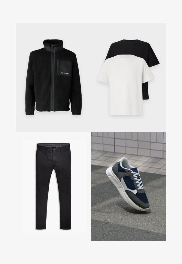 Black fleece jacket with high collar, front zip, two side pockets, and a zippered chest pocket featuring a logo. Soft, textured fabric.; Cotton t-shirt set featuring a black top and a white top, both with short sleeves, round neckline, and standard fit. Textured fabric.; Black cotton chinos with a tapered fit, featuring five pockets, belt loops, and a smooth texture. Zip fly with a button closure.; Sneaker featuring a navy blue mesh upper, gray suede accents, white rubber sole, and flat white laces, designed for comfort and breathability.