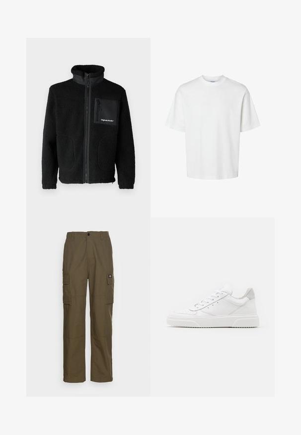 Mustan fleece-takin, jossa on korkea kaulus, etuvetoketju, kaksi sivutaskua ja vetoketjullinen rintatasku, jossa on logo. Pehmeä, teksturoitu kangas.; Valkoinen puuvillapaita lyhyillä hihoilla, pyöreällä kaula-aukolta ja rentoa istuvuutta. Sujuva pinta ilman näkyviä kuvioita tai korostuksia.; Olivi vihreät cargo-housut, jotka on valmistettu kestävästä kankaasta. Ominaisuuksia ovat kaksi sivutaskua, normaali vyötärö ja suora lahje.; Valkoiset nahkakengät, joissa on sileä pinta, pyöreä kärki, litteät nauhat ja teksturoitu pohja. Harmaa mokkanahka korostaa kantapäätä.