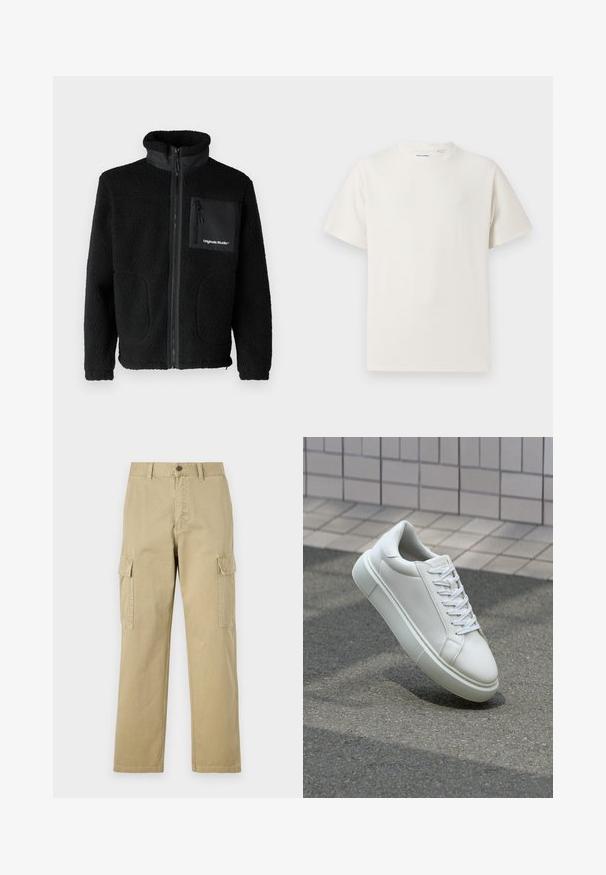 Mustan fleece-takin, jossa on korkea kaulus, etuvetoketju, kaksi sivutaskua ja vetoketjullinen rintatasku, jossa on logo. Pehmeä, teksturoitu kangas.; Valkoinen lyhythihainen T-paita ribbikuviossa. Pyöreä kaula-aukko, rento istuvuus, ei näkyviä kuvioita tai yksityiskohtia. Yksinkertainen ja monikäyttöinen muotoilu.; Beige cargo-housut, jotka on valmistettu puuvillasta, ja niissä on kaksi sivutaskua, napp Closure ja suorat lahkeet, joissa on hieman teksturoitu kangas.; Valkoinen nahkainen lenkkari, jossa on sileä pinta, pyöreä kärki ja tasaiset valkoiset nauhat. Varustettu teksturoidulla kumi-pohjalla ja vähäisillä muotoiluelementeillä.