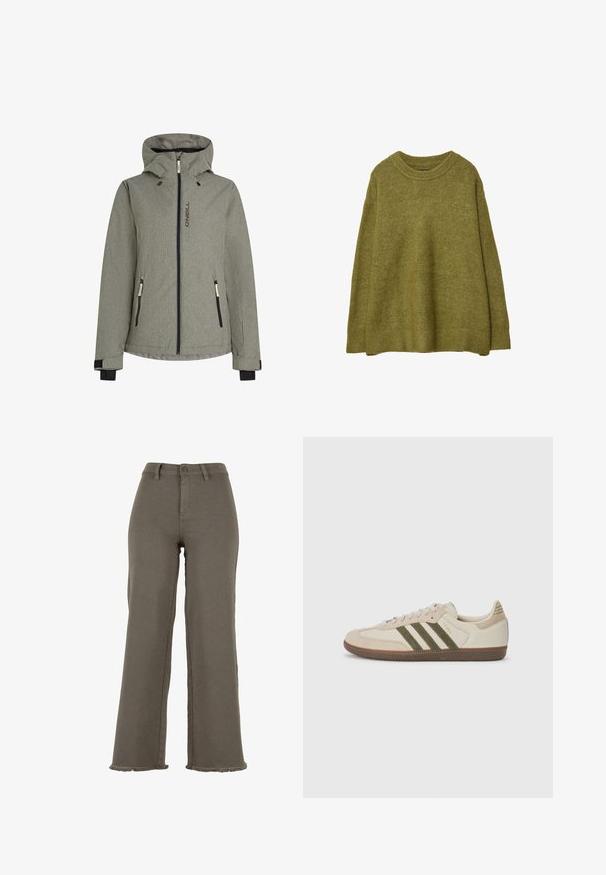 Veste de pluie grise avec capuche, dotée d'une fermeture éclair à l'avant et de poches, avec une quincaillerie noire contrastante et un tissu texturé. Logo de la marque affiché.; Pull en tricot surdimensionné vert olive avec un col ras du cou et un ourlet côtelés. Le tissu a une texture douce avec un léger éclat. Coupe ample, manches longues.; Pantalons larges en jean vert olive, dotés d'une fermeture à bouton, d'ourlets effilochés et de poches avant. Texture lisse sur l'ensemble.; adidas Originals SAMBA OG UNISEX - Baskets basses - alumina/medium dark khaki/gum