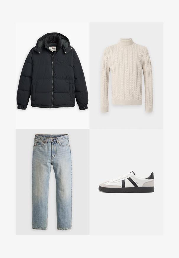 Svart puffjacka med avtagbar huva, dragkedja framtill, sidofickor och elastiska ärmslut. Har sömda paneler för isolering och värme.; Beige, stickad tröja med hög, ribbad polokrage. Har ett strukturerat kabelmönster och ribbade mudd och nederkant, vilket ger ett mysigt utseende.; Ljusblå denimjeans med hög midja, framknäppning, dragkedja och femficksdesign, placerade platt på en neutral bakgrund.; Vit sneaker med svarta och grå accenter, med en strukturerad grå tådel, svart gummisul, och platta vita skosnören. Ren design, minimalistisk stil.