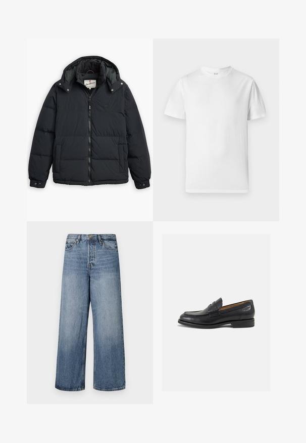 Svart puffjacka med avtagbar huva, dragkedja framtill, sidofickor och elastiska ärmslut. Har sömda paneler för isolering och värme.; Vit kortärmad t-shirt tillverkad av mjuk bomull. Har en rund halsringning och en rak fåll med minimal detaljering.; Breda blå denimjeans med en urtvättad look, femficksdesign och knäppning med knapp. Utrustade med bälteshällor och sydda detaljer.; Svarta läder loafers med en slät ytfinish, rund tå och dekorativ sömnad på vampen. Låg staplad klack och lätt glans.