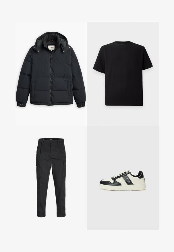 Zwarte donzen jas met een afneembare capuchon, ritssluiting aan de voorkant, zijzakken en elastische mouwen. Bevat gestikte panelen voor isolatie en warmte.; Zwarte T-shirt met korte mouwen van gemerceriseerd stof, met een ronde halslijn en een relaxte pasvorm. Eenvoudig, zonder patronen of accenten.; Zwarte cargobroek van stevig stof, met meerdere zakken, een knoopsluiting en een slim fit ontwerp met taps toelopende benen.; Leren sneakers met een zwart en crèmekleurig kleurenschema, voorzien van geperforeerde accenten, een gevoerde kraag en een gestructureerde buitenzool.