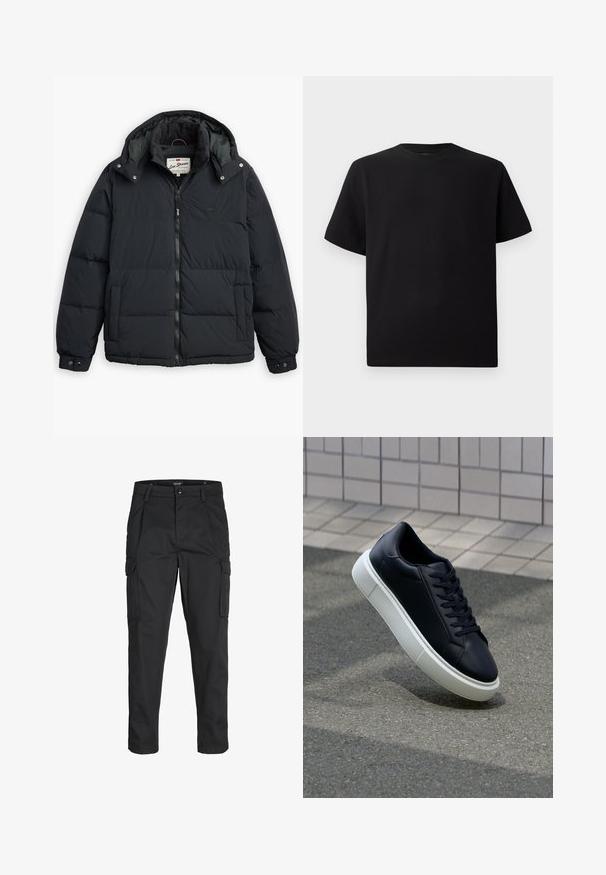 Black puffer jacket with a detachable hood, zipper front, side pockets, and elastic cuffs. Features stitched panels for insulation and warmth.; Black short-sleeve T-shirt made of textured fabric, featuring a round neckline and a relaxed fit. Simple, no patterns or accents.; Black cargo pants made of sturdy fabric, featuring multiple pockets, a button closure, and a slim fit design with tapered legs.; Black leather sneaker with rounded toe and white rubber sole. Features flat laces and minimal stitching on the upper. Textured sole for grip.
